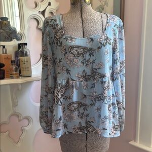 American Eagle Outfitters Blue Peplum Long Sleeve Blouse